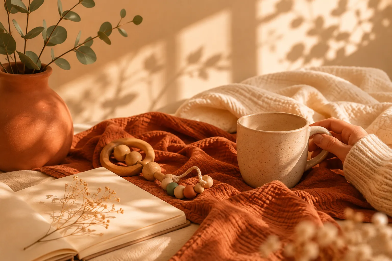 Scène cocooning aux tons terracotta : un lange en mousseline, un hochet en perles de bois, une tasse et un livre ouvert dans une lumière douce, l'univers tendre des premiers mois de bébé