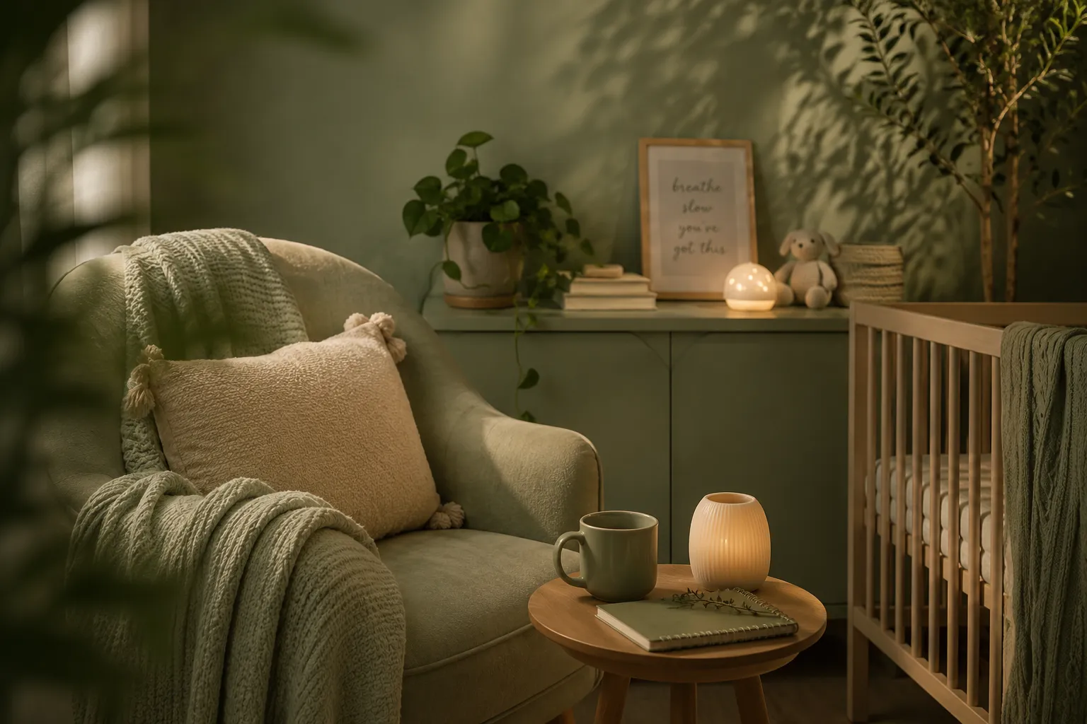 Coin nuit d'une chambre de bébé aux tons vert sauge : fauteuil d'allaitement avec un plaid, veilleuse allumée et lit à barreaux, ambiance calme pour réconforter bébé la nuit