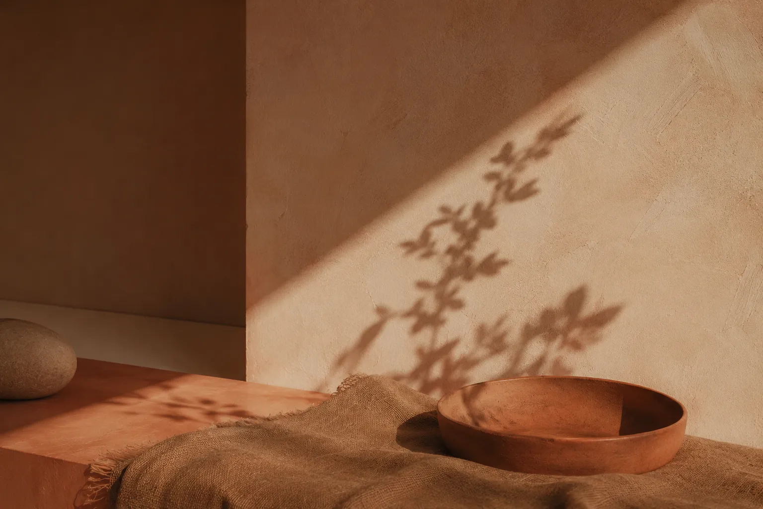 Tissu en lin, bol en bois et ombres de feuillage, ambiance d'un soin postnatal